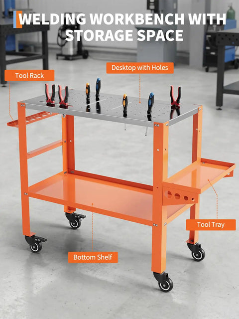 Robust Mobile Welding Workbench Featuring Perforated Steel Top And Easy Rollin Casters 36 Inch Heavy Duty Shop Table with tool rack and storage.