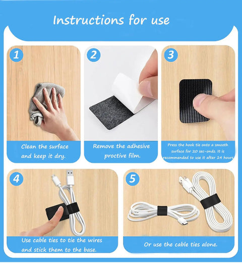 Instructions for Under Desk Cable Management Kit With 20 Pairs Adjustable Hook And Loop Ties And 100 Pack 6 Inch Zip Ties