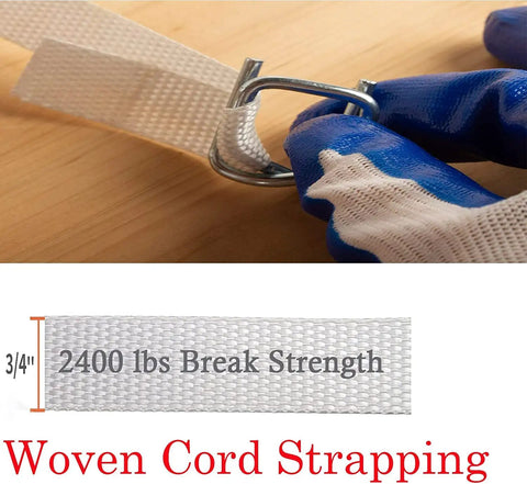 Heavy Duty Pallet Strapping Kit With Three Quarter Inch Woven Cord And Ratchet Tensioner featuring woven cord strap and metal clip.