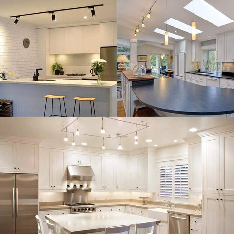 Modern kitchens with track lighting showcasing MR16 LED Bulb 50W Equivalent 12V 3000K Soft White Dimmable Spotlight GU5.3 500 Lumens.
