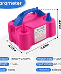 Electric Balloon Pump Inflator, Portable Balloon Blower with dual nozzles and tie tool shown in size dimensions with parameters