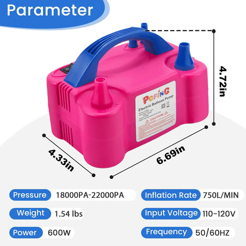 Electric Balloon Pump Inflator, Portable Balloon Blower with dual nozzles and tie tool shown in size dimensions with parameters