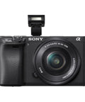 Front view of A6400 Mirrorless Camera Bundle With 16 To 50mm Lens 128GB Extreme Speed Memory Wide Angle And Telephoto Lenses Case Tripod