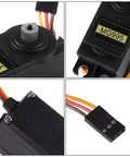 Close-up of Two Pack MG995 Servo Motors with 180 Degree Metal Gear High Torque Digital Servo for RC cars, boats, drones, robots.