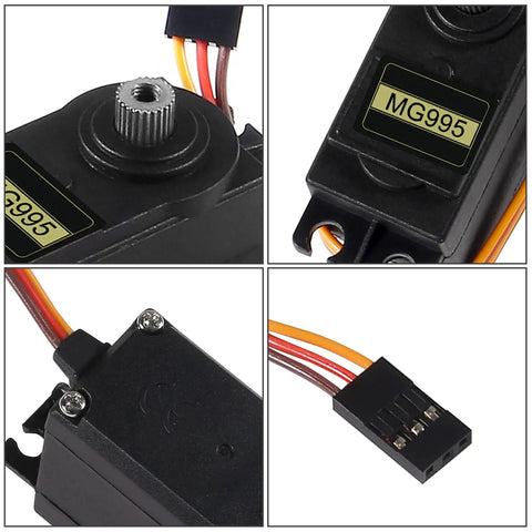 Close-up of Two Pack MG995 Servo Motors with 180 Degree Metal Gear High Torque Digital Servo for RC cars, boats, drones, robots.