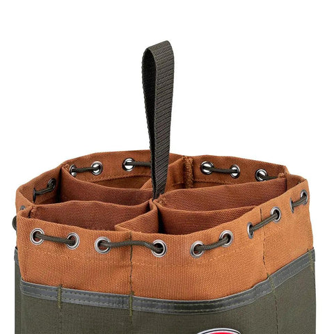 Top view of Canvas Organizer Parachute Bag With 19 Pockets For Nails Screws And Bolts Brown Heavy Duty Tool Pouch with dividers