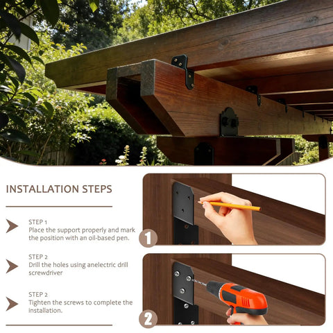 Installation of Joist Anchor Connector For 2x4 Posts Black Post Caps Tie Bracket Pergola Brackets on a wooden structure