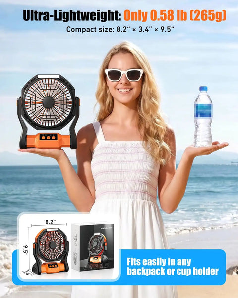 Woman holding Rechargeable Camping Fan With 20000mAh Battery, LED Light, And Built In Hook near the beach.