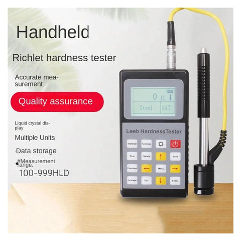 Heavy Duty Portable Digital Brinell Hardness Tester For Metal And Alloy Analysis Featuring Rock Solid Stainless Steel Build Big Time Precision Sunlight Ready LCD Screen Smooth Operator Crank Handle Top Shelf Hardware Tool displaying a handheld Richlet hardness tester with LCD.