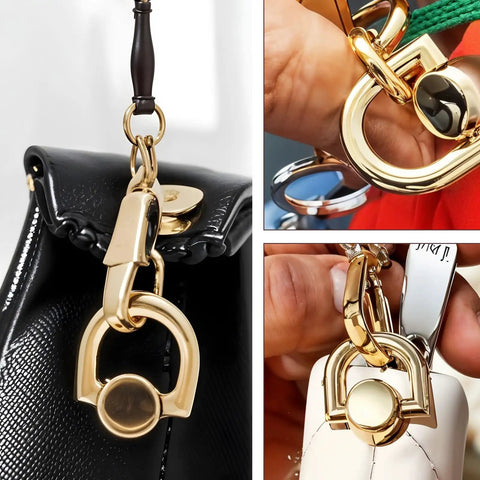 4 Pack D Rings For Purses And Bags 360 Degree Rotatable Hardware showing gold finish and attachment on different bags