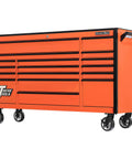 Kickass Rolling Tool Chest Spanning Seventy Two Inches Wide With Seventeen Deep Storage Drawers Tough As Nails Steel Frame Vibrant Orange Coating And Secure Black Handles Built For Real World Shop Grind, shown in front view.