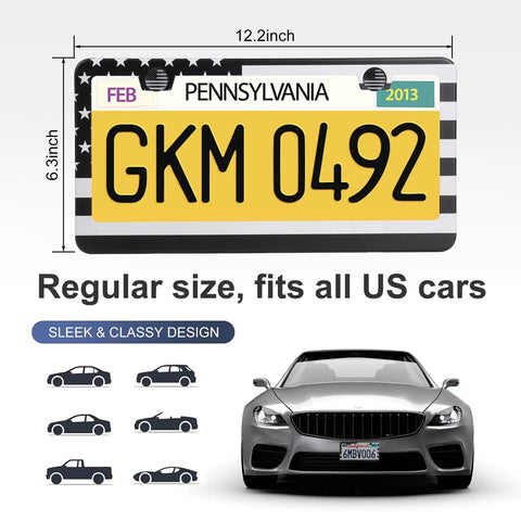 2 Pack Stainless Steel License Plate Frames With Screw Caps, Heavy Duty Car Accessories In Grey And Black, shown on car