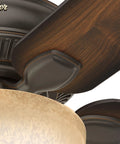 Close-up of Matheston Indoor And Outdoor Ceiling Fan With Light And Pull Chain Control, featuring wooden blades and glass light shade.