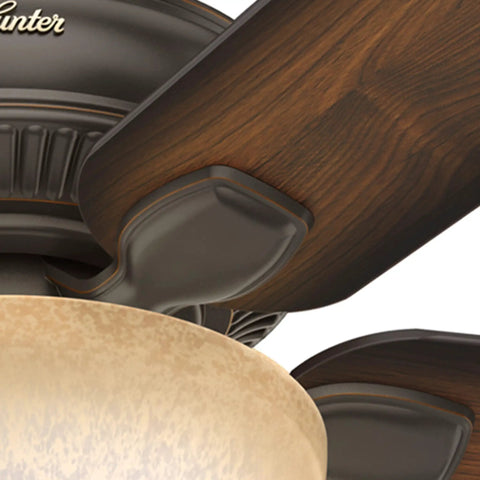 Close-up of Matheston Indoor And Outdoor Ceiling Fan With Light And Pull Chain Control, featuring wooden blades and glass light shade.