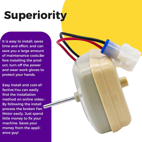 WR60X26085 Refrigerator Evaporator Fan Motor Replacement 60 Hz 115V shown with easy install instructions