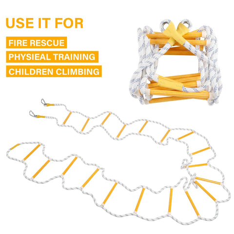 Emergency Fire Escape Rope Ladder 32 Feet Flame Resistant Extension Rope With 2 Hooks coiled and extended for display