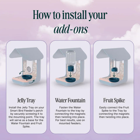 Installation guide for 3 In 1 Bird Nutrition Kit With Water Fountain, Fruit Spike And Jelly Tray Feeder for outdoor bird watching.