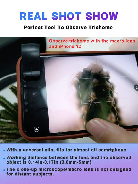 100x Phone Micro Lens With LED Light For Smartphone Macro And Microscope Go To Pro Grade Optical Glass Lens For Clear Close Up Shots And Microscale Imaging On The Go. universal clip-on macro lens on iPhone for trichome close-up