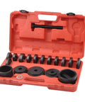 23 Piece Front Wheel Drive Bearing Adapters Puller Press Kit With Steel Adapters And Heavy Duty Case, On Vehicle Replacement Keeps Knuckle And Strut Intact, No Front End Alignment Needed, For FWD Cars And Small Trucks, Drift Sizes 55 60 64 67 in red case