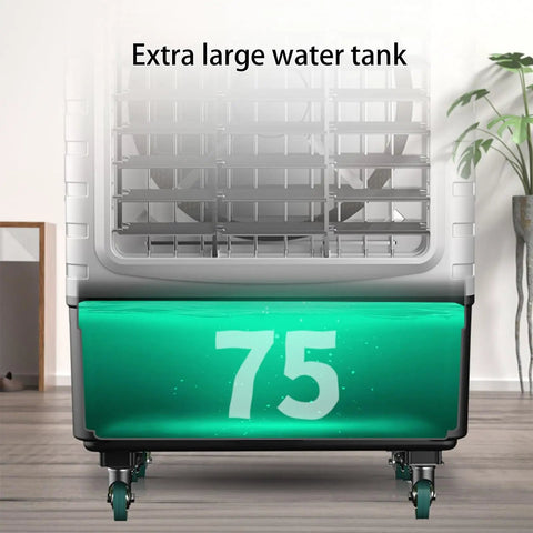 Keep It Crisp Top Tier Portable Evaporative Air Cooler Tower With 19 Gallon Water Tank And Smart Remote showing extra large water tank.