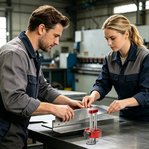 Two professionals using Heavy Duty Sheet Metal Roller Hand Bender For Fabrication And Metalworking Tools Durable Edge Roller