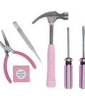 Pink Tool Set with 6 Inch Flathead Screwdriver 6 Inch Phillips Screwdriver 4 Ounce Hammer 5 Inch Tweezers 5 Inch Long Nose Pliers and 3 Foot Measuring Tape Great For Home Office Or Car