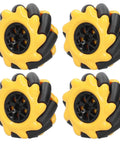60mm Mecanum Wheel Smart Robot Car Kit For Left Right Translation And Wide Angle Drift DIY Building Block Compatible Components Includes Two Pairs Of TT Motors Rubber Coated Wheels For Smooth Precise Grip Strong Control showing four yellow and black rubber coated wheels