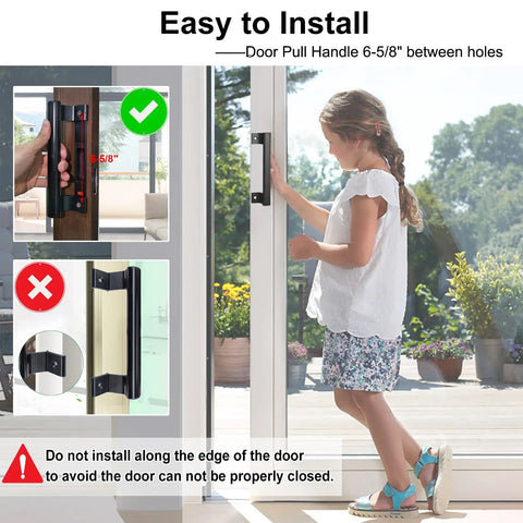 Child using aluminum sliding door handle for glass patio doors 8 inch pull fits six and five eighths inch mounting holes