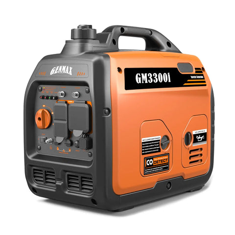Portable 3300 Watt Inverter Generator For Home Backup And Camping Ultra Quiet Gas Engine EPA Compliant Eco Mode Lightweight Design GM3300i angled view