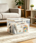 Set Of Three Thick Clear Plastic Storage Bins With Hinged Lids Heavy Duty Stackable Organizer Boxes For Bedroom Closet And Travel Gear Roomy Sturdy Containers That Kick The Clutter Out And Keep Your Space Slick with household items inside.