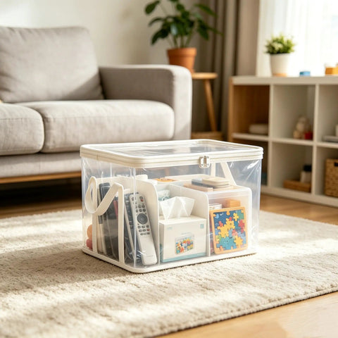 Set Of Three Thick Clear Plastic Storage Bins With Hinged Lids Heavy Duty Stackable Organizer Boxes For Bedroom Closet And Travel Gear Roomy Sturdy Containers That Kick The Clutter Out And Keep Your Space Slick with household items inside.