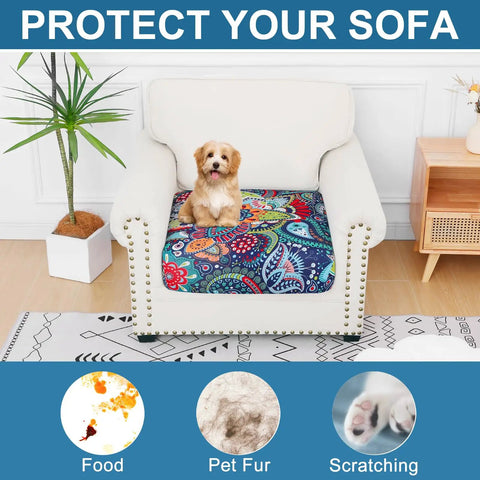 Cozy Ultra Stretch Sofa Cushion Covers For Indoor Outdoor Use in Blue Green on a chair with a dog, protecting against pet fur.