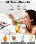 Woman enjoying ice made by Countertop Nugget Ice Maker With Handle Ready In About 6 Minutes Produces Up To 35 Lbs Per Day.