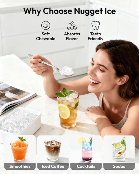 Woman enjoying ice made by Countertop Nugget Ice Maker With Handle Ready In About 6 Minutes Produces Up To 35 Lbs Per Day.
