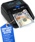 Portable Counterfeit Money Detector With LCD Display verifying a 100 USD bill, showing infrared and magnetic detection