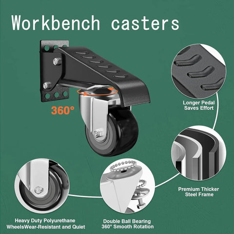 Smooth Rollin Heavy Duty Workbench Casters Kit With Four Polyurethane Wheels And Kick Step Lift Riser, featuring 360° swivel and heavy-duty design.