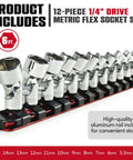 1/4 Inch Drive 12-Piece Swivel Socket Set, 6-Point Metric 5mm To 15mm, Flexible Joint For Tight Spaces, Aluminum Storage Rail Included, Easy Access To Hard-To-Reach Fasteners.