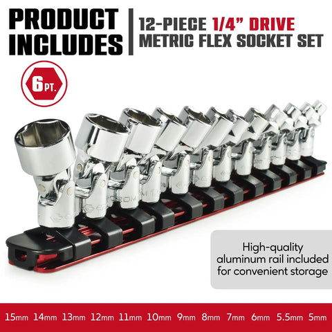 1/4 Inch Drive 12-Piece Swivel Socket Set, 6-Point Metric 5mm To 15mm, Flexible Joint For Tight Spaces, Aluminum Storage Rail Included, Easy Access To Hard-To-Reach Fasteners.