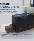 Dual Sided ID Card Printer With Complete Supplies Kit And Silver Edition Software Drops Knockout One Pass Prints At 300 DPI view showing auto feeding tray and control panel.
