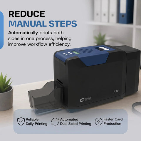 Dual Sided ID Card Printer With Complete Supplies Kit And Silver Edition Software Drops Knockout One Pass Prints At 300 DPI view showing auto feeding tray and control panel.
