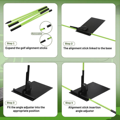 Step-by-step setup of Upgraded Golf Alignment Stick Holder With Anti Tip Base And Front Iron Weights For Rock Solid Stability Swing Plane Trainer To Fix Slices And Improve Putting Golf Training Aid For Consistent Swings.