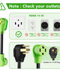 Plug And Play Nema 14-50 To 14-30 Power Adapter Cord, green design, showing compatible NEMA outlets and plug connections.