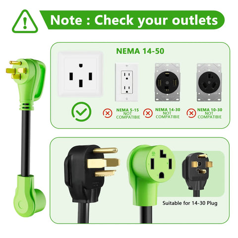 Plug And Play Nema 14-50 To 14-30 Power Adapter Cord, green design, showing compatible NEMA outlets and plug connections.