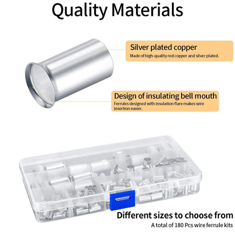180 Pcs Wire Ferrules Kit With Silver Plated Copper Crimp Terminal Connectors For Electrical Cables displayed in storage case.