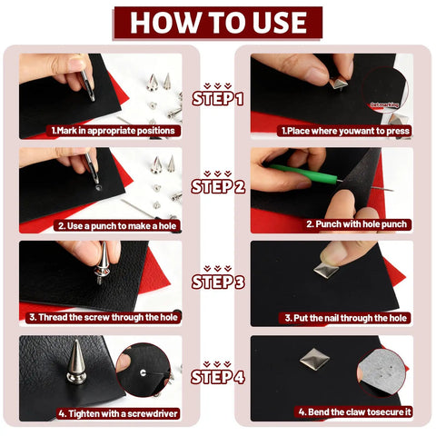 Step-by-step guide for 600 Piece Punk Spikes And Studs Kit For Leather Craft and DIY Clothing installation.
