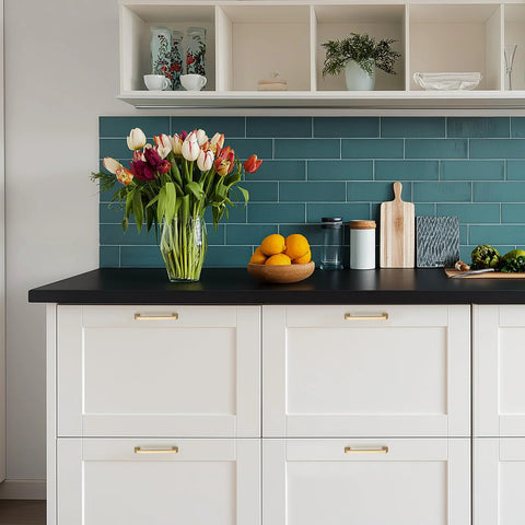 White kitchen cabinets with 10 Pack 5 Inch Champagne Bronze Cabinet Handles Center To Center 5 Inch Solid Zinc Alloy Pulls, vase of tulips