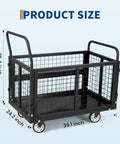 Heavy Duty Platform Cart With Detachable Cage 39 By 24 Inch Hand Truck, 2000 Lbs Capacity, Multi Functional Cage Cart For Warehouse And Luggage Moving, Foldable Fence Design For Easy Storage And Boss Level Versatility. black metal cage cart, 39.1 x 24.2 x 35.4 in