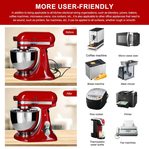 Before and after of red kitchen mixer using Three Pack Cord Organizer For Kitchen Appliances Stick On Cord Holder And Winder Cable Organizer