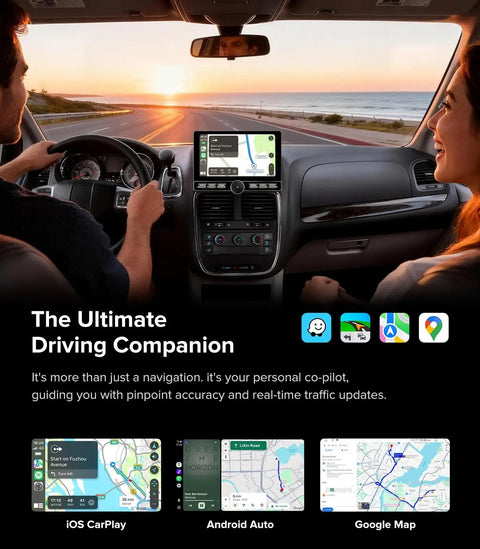 Interior of a car with 10 Inch QLED Car Stereo For Dodge Grand Caravan And Chrysler Town And Country Wireless CarPlay Android Auto Radio with sunset view through windshield