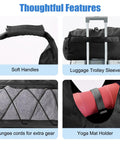 Women Gym Bag With Yoga Mat Holder And Shoe Compartment showcasing soft handles, luggage sleeve, bungee cords, and mat holder